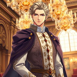 A handsome noble man, elegantly dressed in an ornate, aristocratic outfit with intricate embroidery and a flowing cape