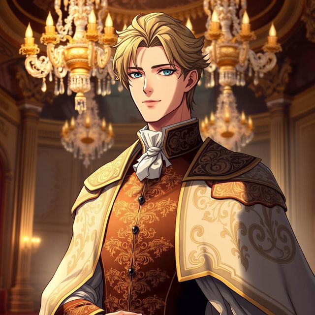 A handsome noble man, elegantly dressed in an ornate, aristocratic outfit with intricate embroidery and a flowing cape