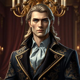 A handsome noble man, dressed in a luxurious, intricately designed outfit that includes a velvet coat with ornate golden embroidery and a high-collared shirt