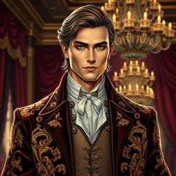 A handsome noble man, dressed in a luxurious, intricately designed outfit that includes a velvet coat with ornate golden embroidery and a high-collared shirt