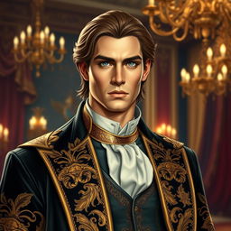 A handsome noble man, dressed in a luxurious, intricately designed outfit that includes a velvet coat with ornate golden embroidery and a high-collared shirt