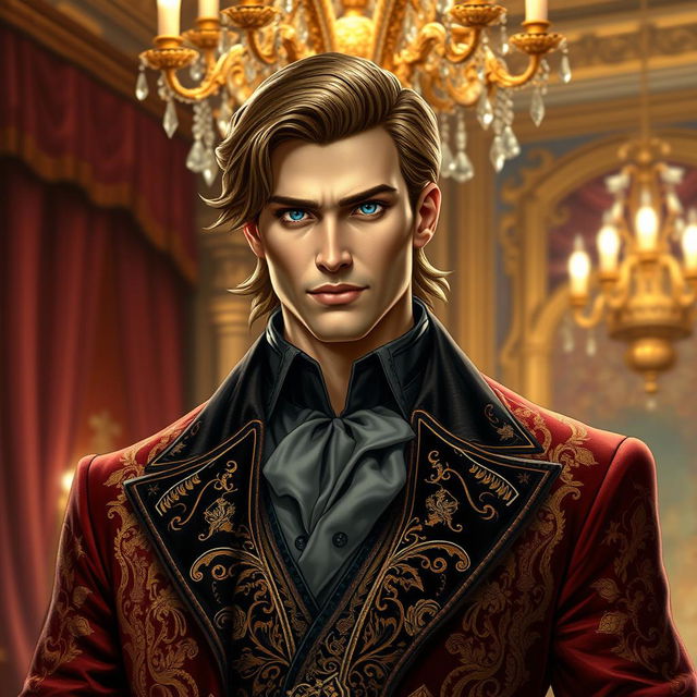 A handsome noble man, dressed in a luxurious, intricately designed outfit that includes a velvet coat with ornate golden embroidery and a high-collared shirt