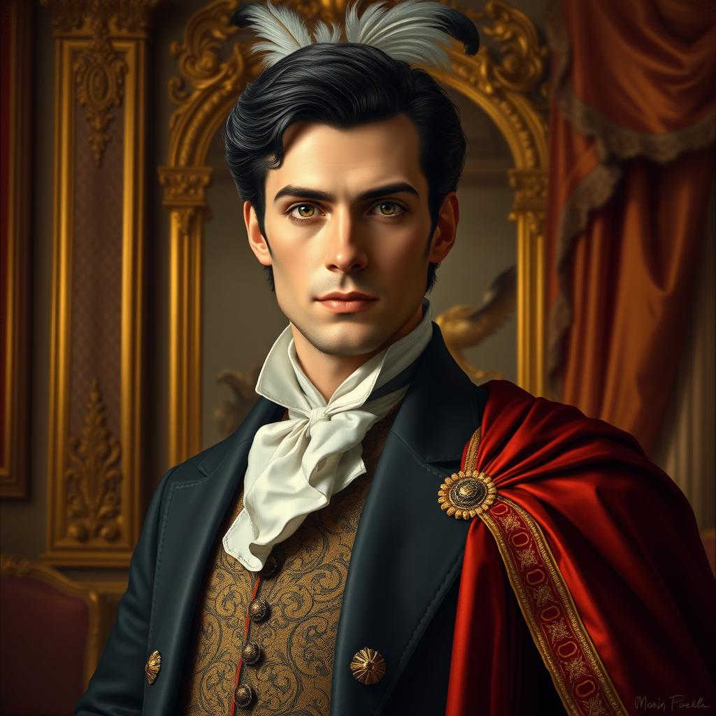 A handsome Italian nobleman wearing an elegant 18th-century tailored suit with intricate embroidery, a regal cape draped over one shoulder, and a feathered hat
