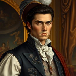 A handsome Italian nobleman wearing an elegant 18th-century tailored suit with intricate embroidery, a regal cape draped over one shoulder, and a feathered hat