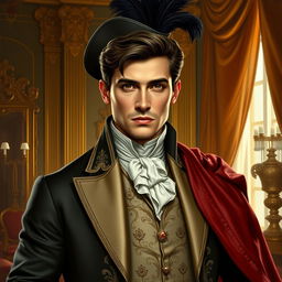 A handsome Italian nobleman wearing an elegant 18th-century tailored suit with intricate embroidery, a regal cape draped over one shoulder, and a feathered hat
