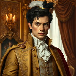 A handsome Italian nobleman wearing an elegant 18th-century tailored suit with intricate embroidery, a regal cape draped over one shoulder, and a feathered hat