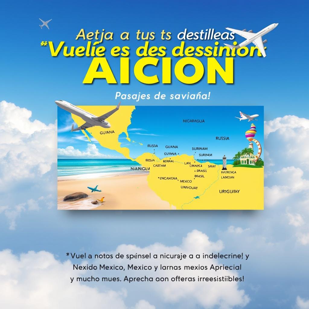 Un cartel colorido y atractivo anunciando la venta de pasajes de avión