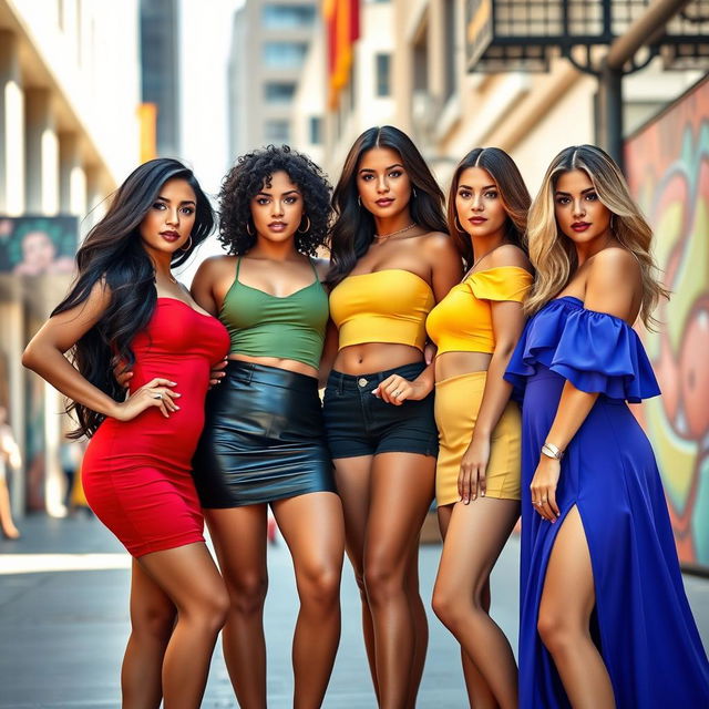Four attractive Latin women posing confidently in a vibrant city street, each dressed in unique colorful outfits that showcase their curvy figures