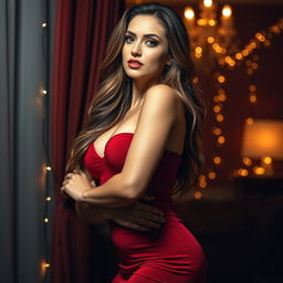 A confident, alluring woman in a seductive pose, wearing a fitted red dress that accentuates her curves