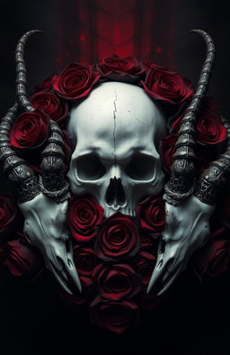 A dark gothic image with baroque elements featuring a white, delicately cracked human skull surrounded by a halo of deep red and black roses, with dark petals that seem to bleed into the shadows
