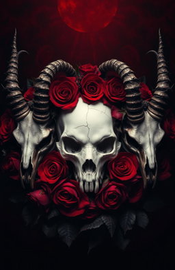 A dark gothic image with baroque elements featuring a white, delicately cracked human skull surrounded by a halo of deep red and black roses, with dark petals that seem to bleed into the shadows