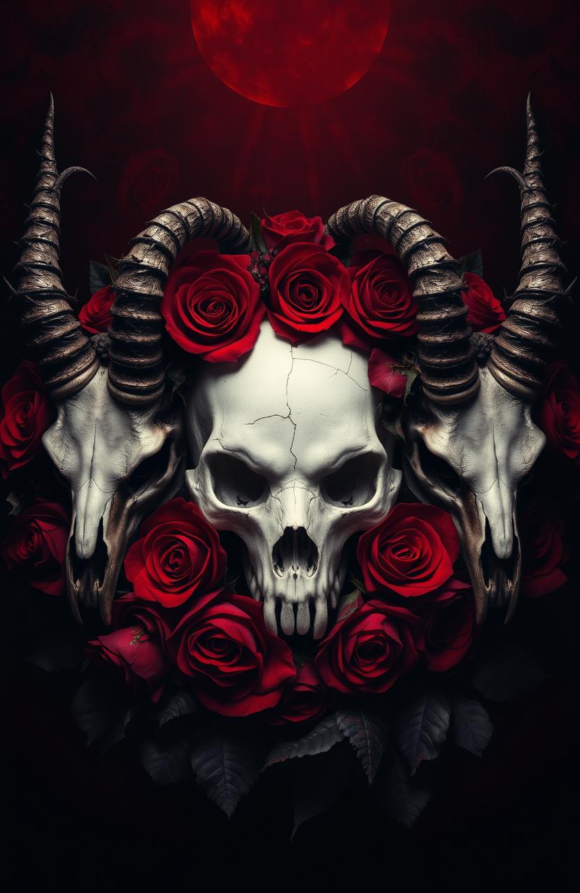 A dark gothic image with baroque elements featuring a white, delicately cracked human skull surrounded by a halo of deep red and black roses, with dark petals that seem to bleed into the shadows