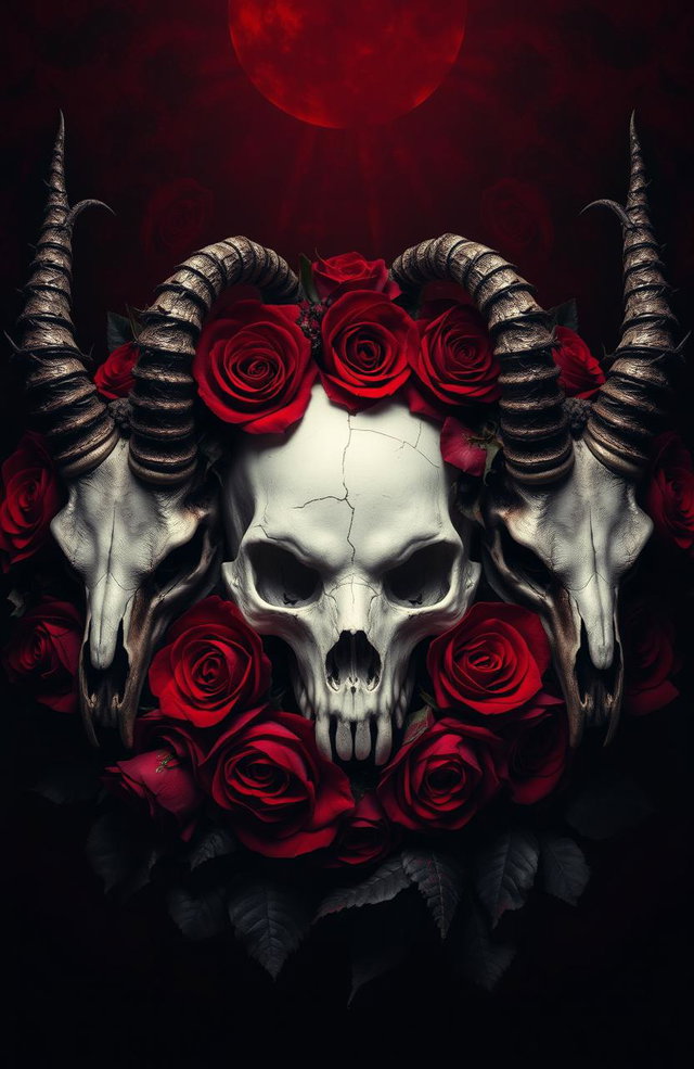 A dark gothic image with baroque elements featuring a white, delicately cracked human skull surrounded by a halo of deep red and black roses, with dark petals that seem to bleed into the shadows