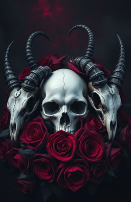 A dark gothic image with baroque elements featuring a white, delicately cracked human skull surrounded by a halo of deep red and black roses, with dark petals that seem to bleed into the shadows