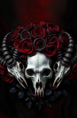 A dark gothic image with baroque elements featuring a white, delicately cracked human skull surrounded by a halo of deep red and black roses, with dark petals that seem to bleed into the shadows
