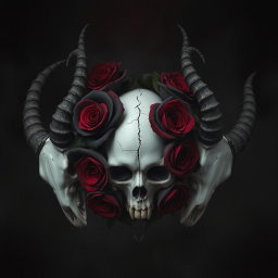 A dark gothic image with baroque elements featuring a white, delicately cracked human skull surrounded by a halo of deep red and black roses, with dark petals that appear to bleed into the shadows