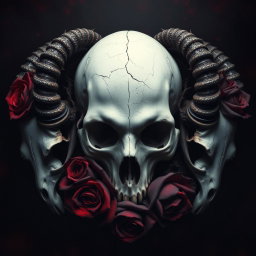 A dark gothic image with baroque elements featuring a white, delicately cracked human skull surrounded by a halo of deep red and black roses, with dark petals that appear to bleed into the shadows