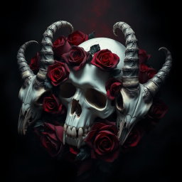 A dark gothic image with baroque elements featuring a white, delicately cracked human skull surrounded by a halo of deep red and black roses, with dark petals that appear to bleed into the shadows