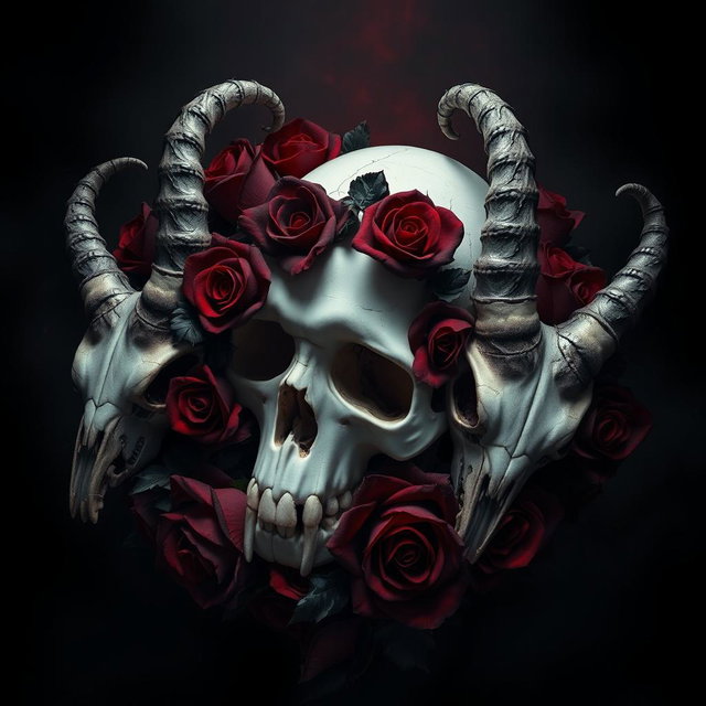 A dark gothic image with baroque elements featuring a white, delicately cracked human skull surrounded by a halo of deep red and black roses, with dark petals that appear to bleed into the shadows