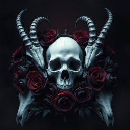 A dark gothic image with baroque elements featuring a white, delicately cracked human skull surrounded by a halo of deep red and black roses, with dark petals that appear to bleed into the shadows