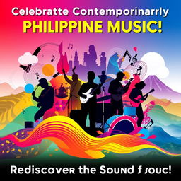 A vibrant and colorful poster showcasing the rich and diverse landscape of contemporary Philippine music