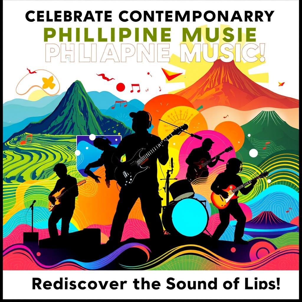 A vibrant and colorful poster showcasing the rich and diverse landscape of contemporary Philippine music