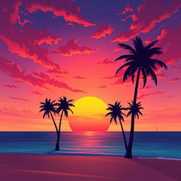 A dramatic illustration of a vibrant sunset over a serene beach, with the sun dipping below the horizon casting brilliant oranges, pinks, and purples across the sky and reflecting on the calm waters of the ocean