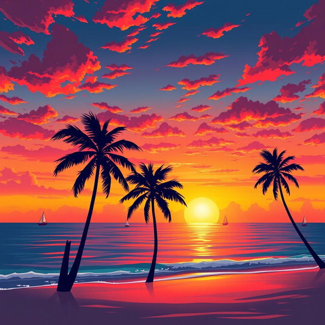 A dramatic illustration of a vibrant sunset over a serene beach, with the sun dipping below the horizon casting brilliant oranges, pinks, and purples across the sky and reflecting on the calm waters of the ocean