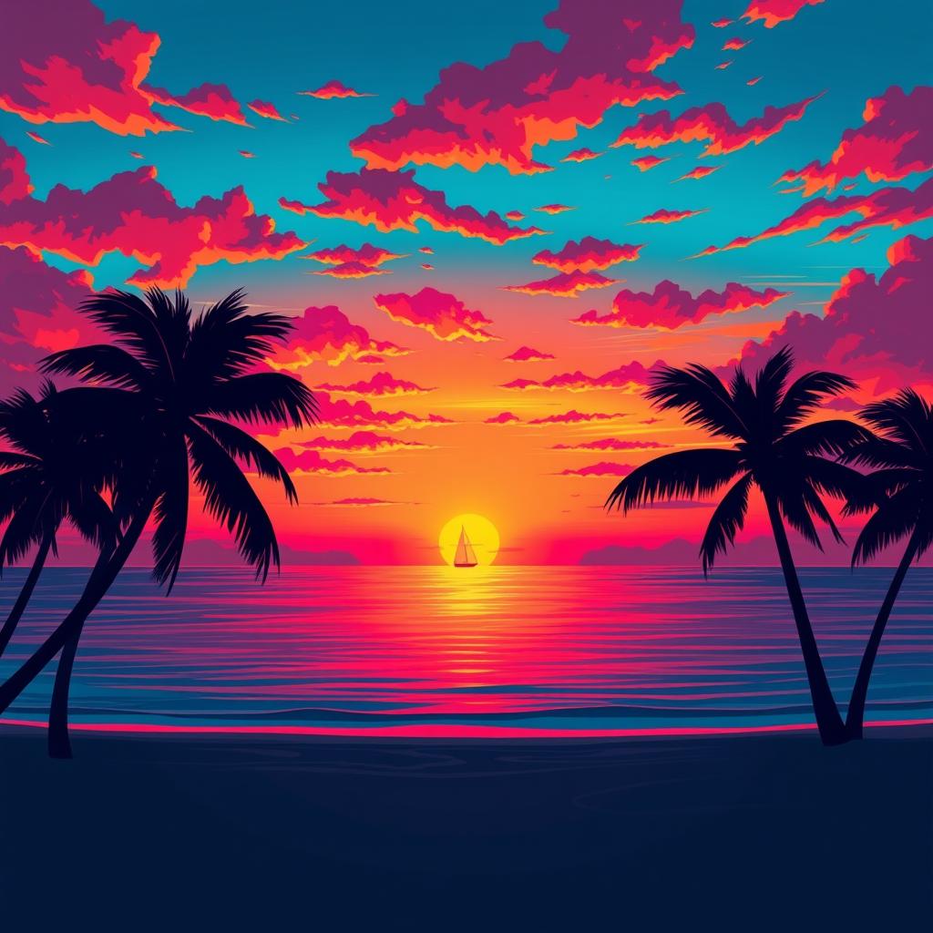 A dramatic illustration of a vibrant sunset over a serene beach, with the sun dipping below the horizon casting brilliant oranges, pinks, and purples across the sky and reflecting on the calm waters of the ocean