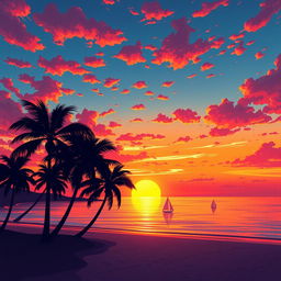 A dramatic illustration of a vibrant sunset over a serene beach, with the sun dipping below the horizon casting brilliant oranges, pinks, and purples across the sky and reflecting on the calm waters of the ocean