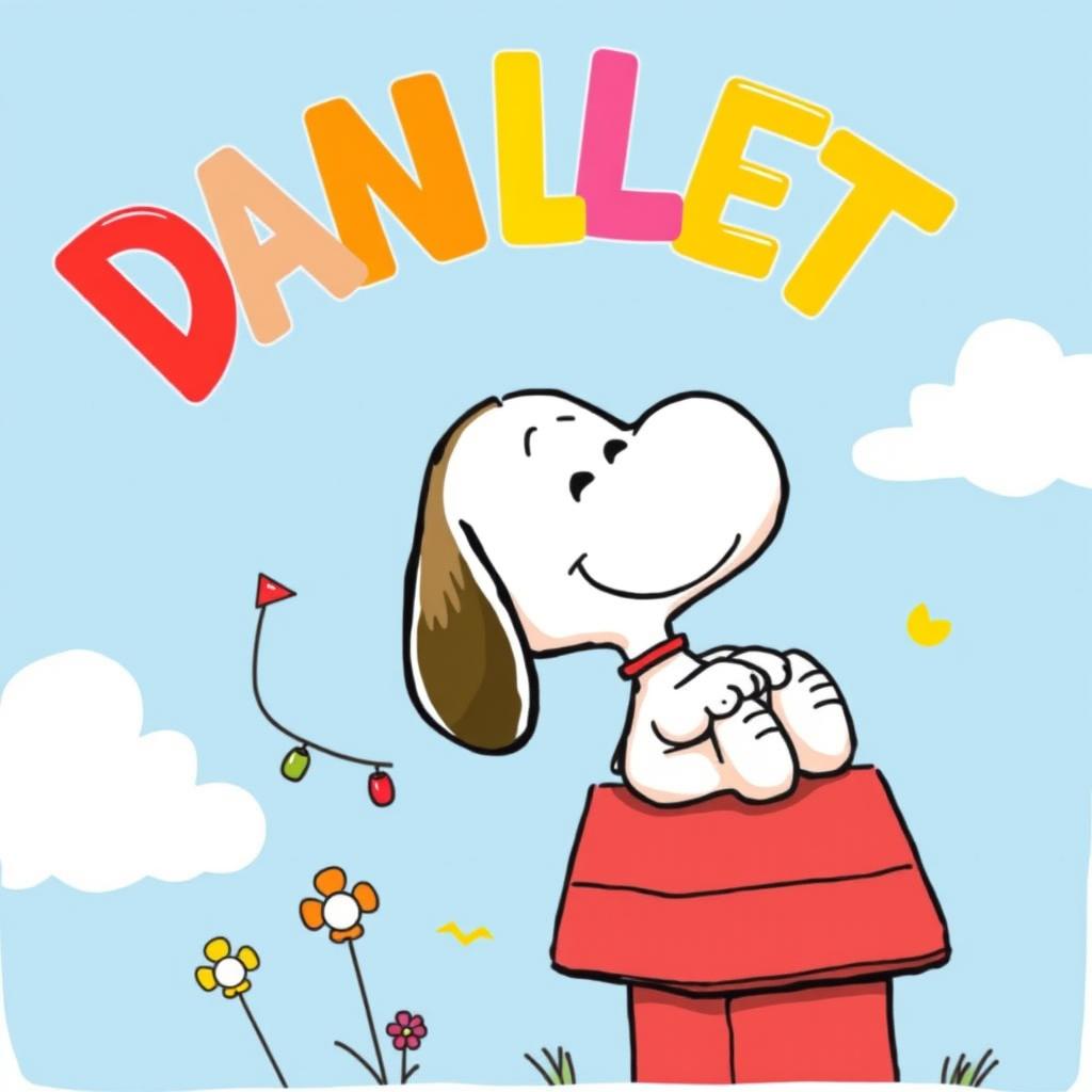 A cute and whimsical illustration of Snoopy, the beloved beagle from the Peanuts comic strip, prominently featuring the name 'DANLETH' in vibrant, colorful lettering above him