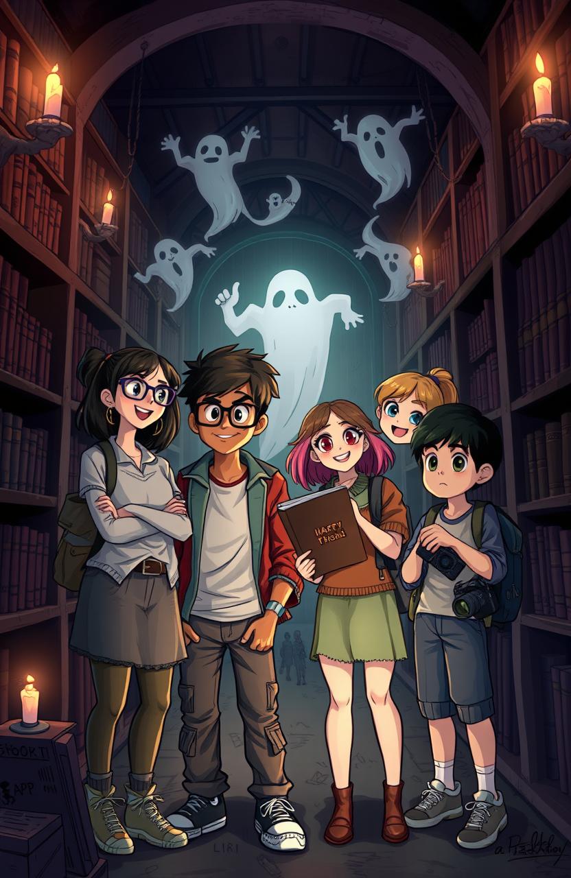 A dynamic and intriguing illustration of four diverse high school students in a journalism club, engaged in an investigative project about the supernatural