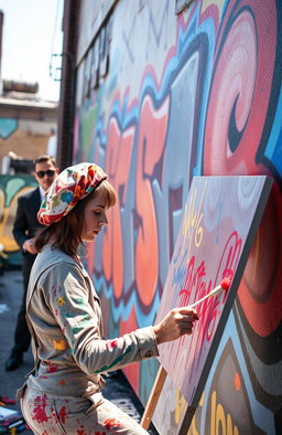 A dynamic scene featuring a painter passionately creating a vibrant mural on a large wall outdoors
