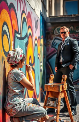 A dynamic scene featuring a painter passionately creating a vibrant mural on a large wall outdoors