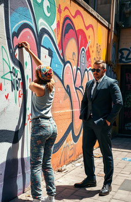 A dynamic scene featuring a painter passionately creating a vibrant mural on a large wall outdoors