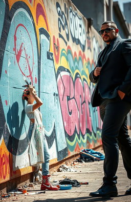 A dynamic scene featuring a painter passionately creating a vibrant mural on a large wall outdoors