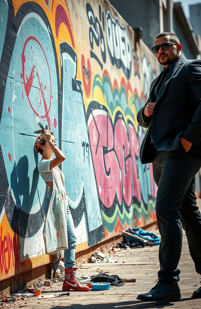 A dynamic scene featuring a painter passionately creating a vibrant mural on a large wall outdoors