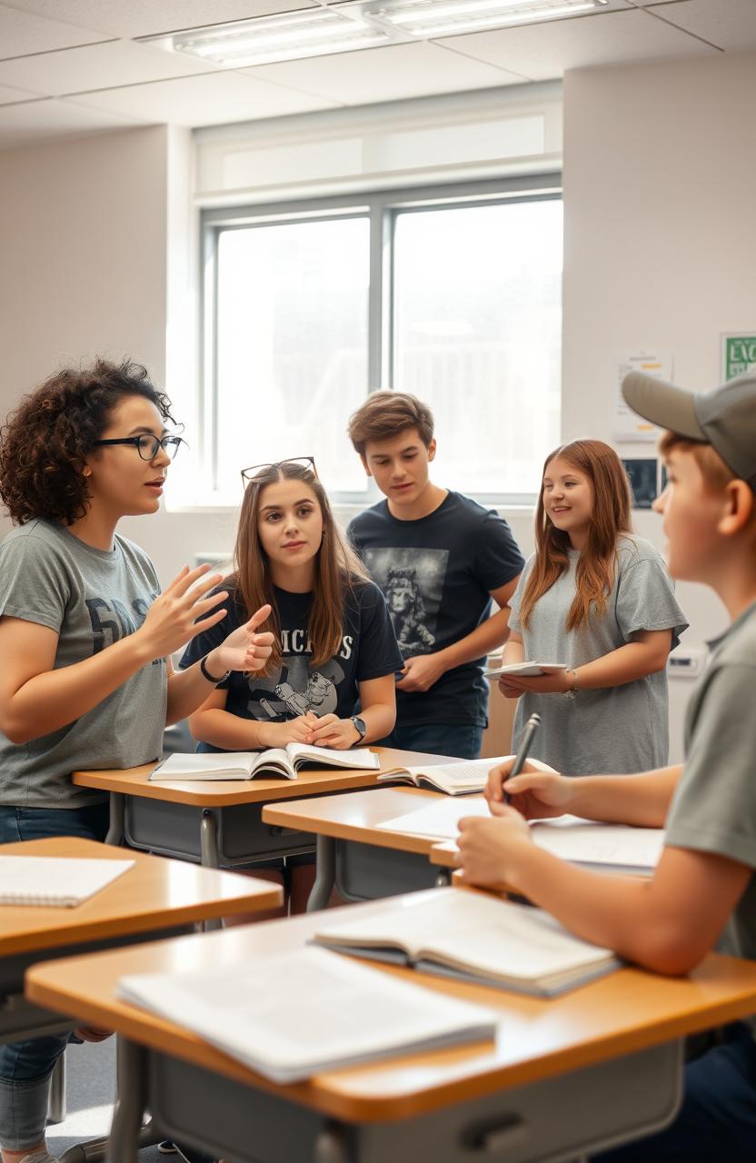 Four journalism club students engaged in a lively conversation inside a classroom