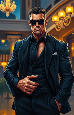 A dynamic painting of a muscular bodyguard standing confidently, wearing a sleek black suit and sunglasses, with a serious expression on his face