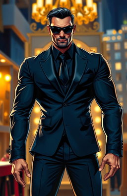 A dynamic painting of a muscular bodyguard standing confidently, wearing a sleek black suit and sunglasses, with a serious expression on his face