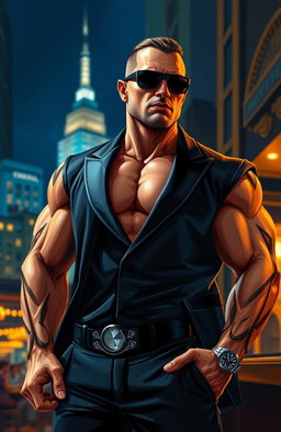A dynamic painting of a muscular bodyguard standing confidently, wearing a sleek black suit and sunglasses, with a serious expression on his face