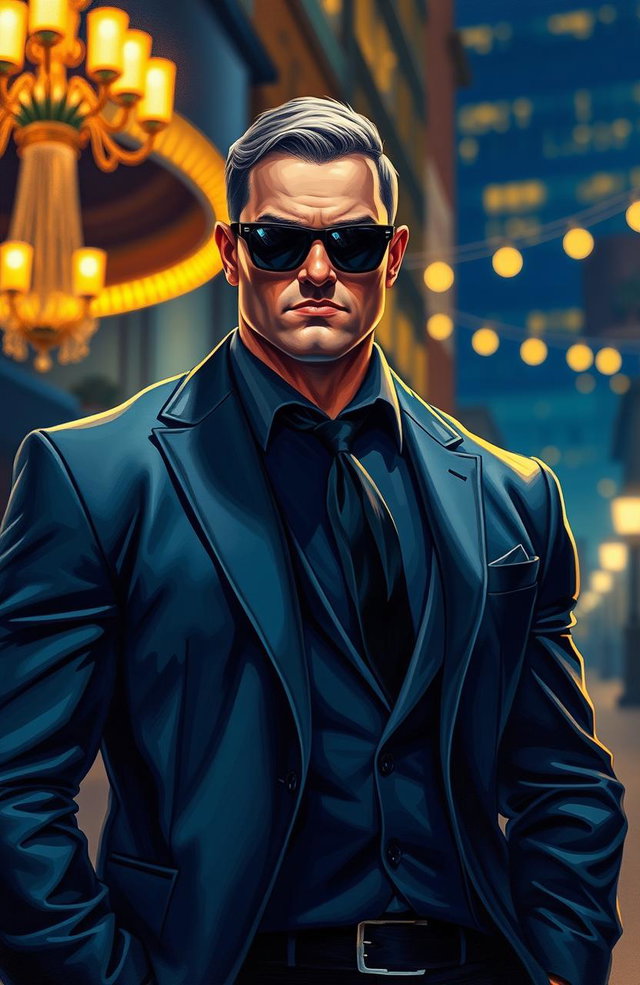 A dynamic painting of a muscular bodyguard standing confidently, wearing a sleek black suit and sunglasses, with a serious expression on his face