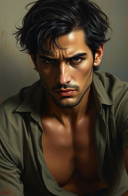 A sensual painting of a troubled man, capturing his pensive expression and deep emotions
