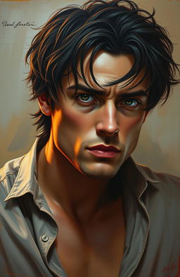 A sensual painting of a troubled man, capturing his pensive expression and deep emotions