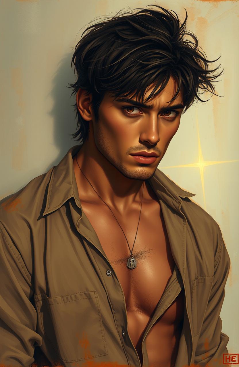 A sensual painting of a troubled man, capturing his pensive expression and deep emotions