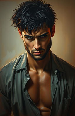 A sensual painting of a troubled man, capturing his pensive expression and deep emotions