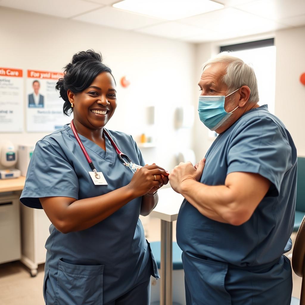 A nurse in full scrubs smiling warmly while administering a vaccine to an elderly patient in a bright, medical clinic environment