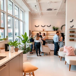 A stylish and modern eyelash extension studio combined with a kitchen and lounge area, featuring elegant design elements