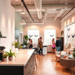 A stylish and modern eyelash extension studio combined with a kitchen and lounge area, featuring elegant design elements