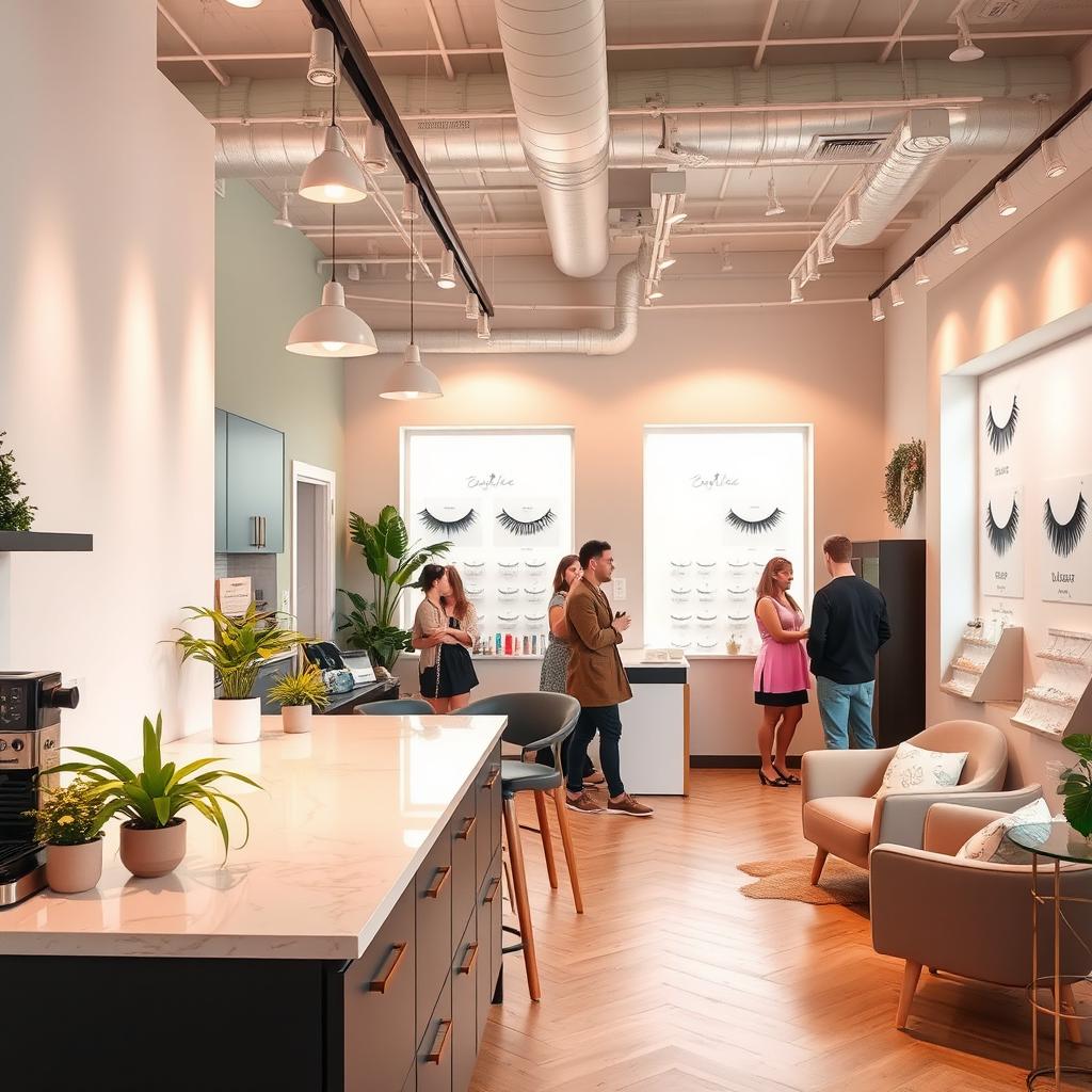 A stylish and modern eyelash extension studio combined with a kitchen and lounge area, featuring elegant design elements